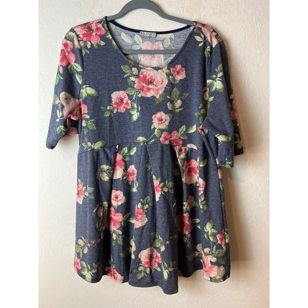 Women La Clef 2X Baby Doll Floral Tunic Blouse Tee Elbow Sleeves